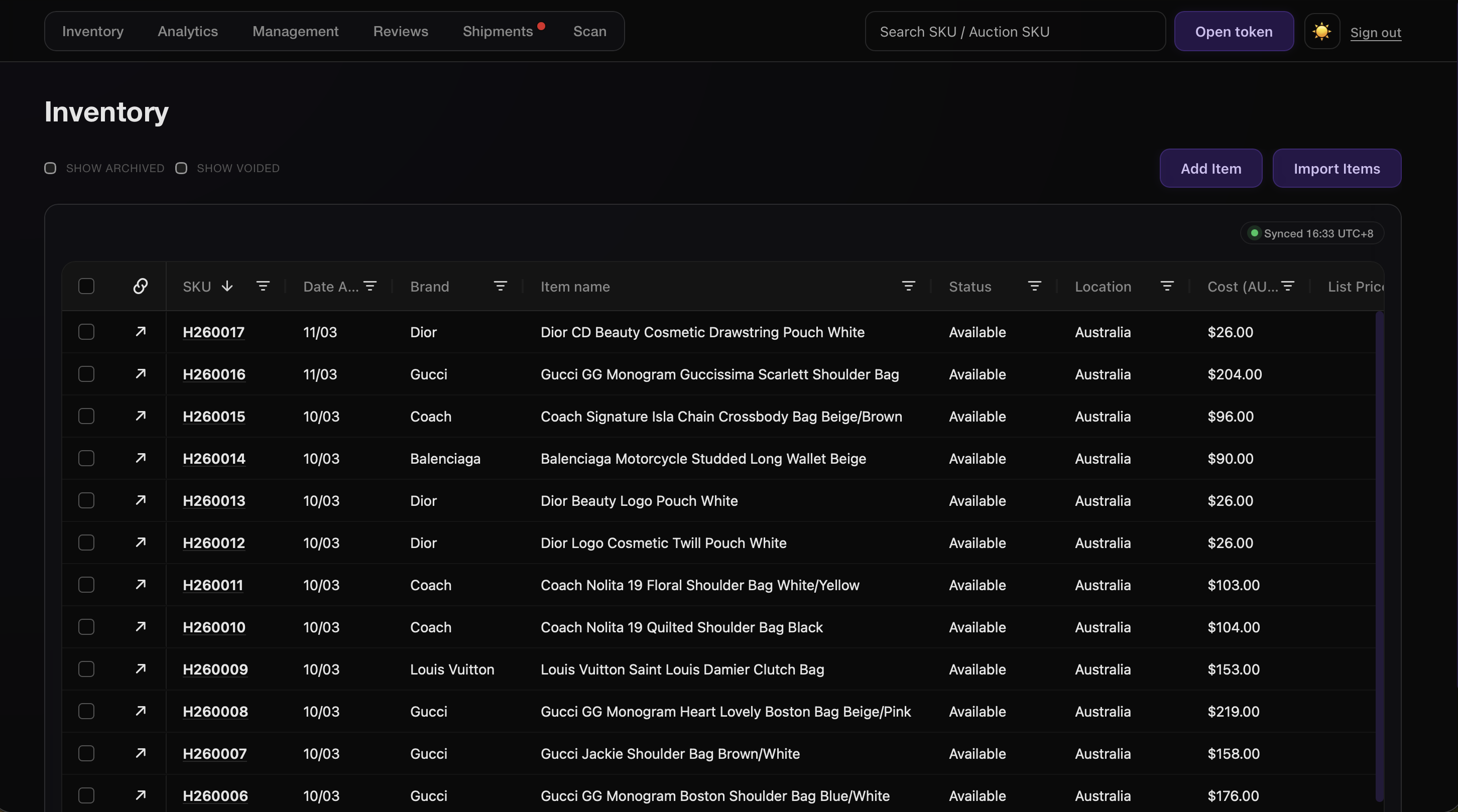 Inventory grid showing luxury items